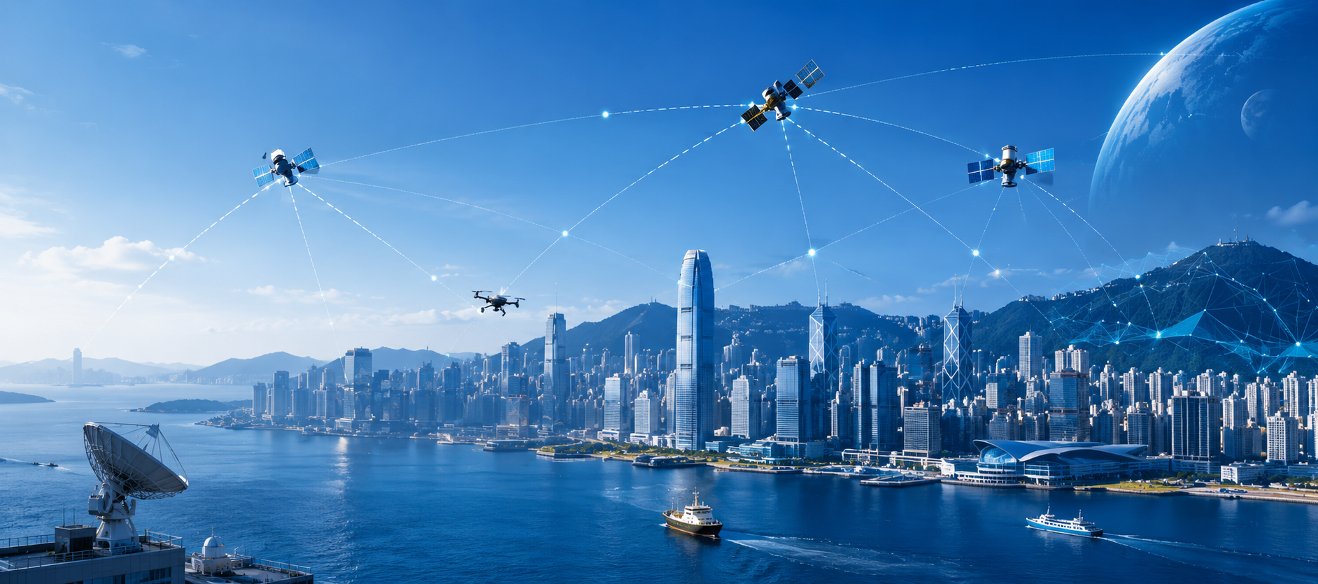 Hong Kong skyline connected by positioning and satellite networks