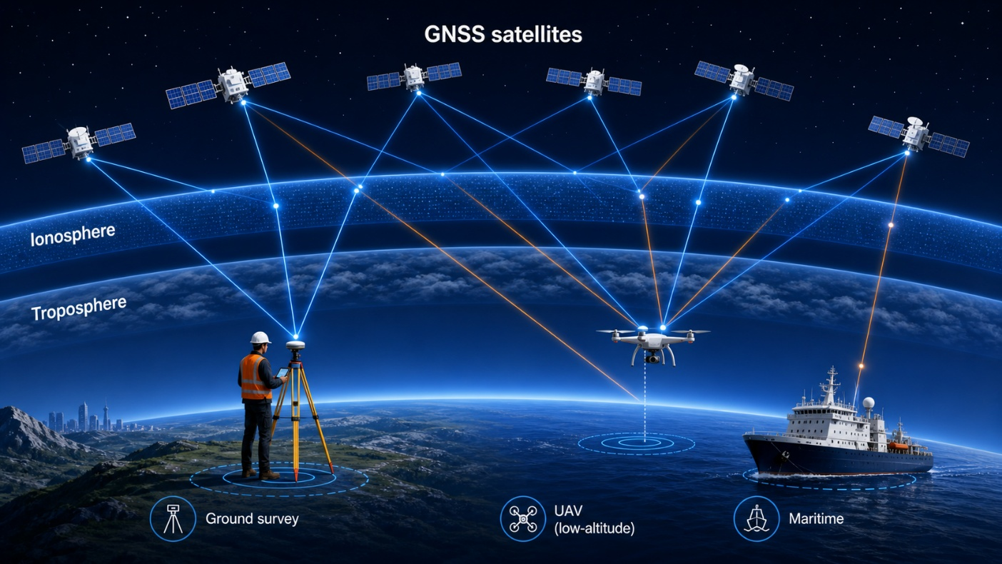 GNSS satellites supporting ground surveying, low-altitude UAV positioning, and maritime navigation
