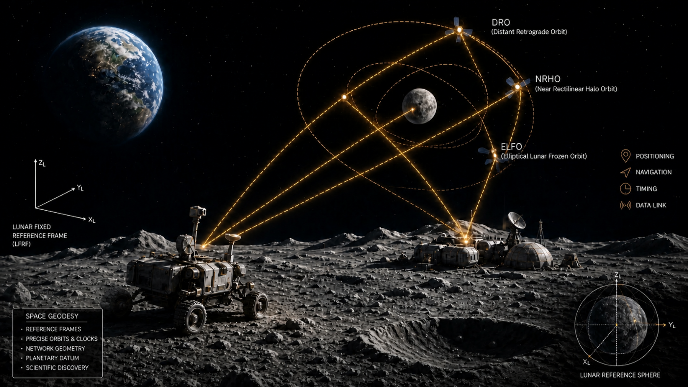 Lunar navigation, orbit design, reference frames, and surface positioning