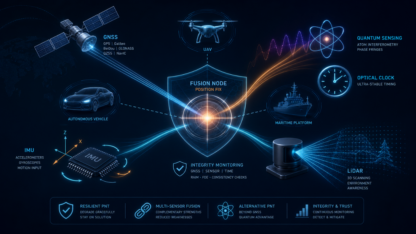 Resilient PNT through GNSS, inertial sensors, LiDAR, quantum sensing, and integrity monitoring